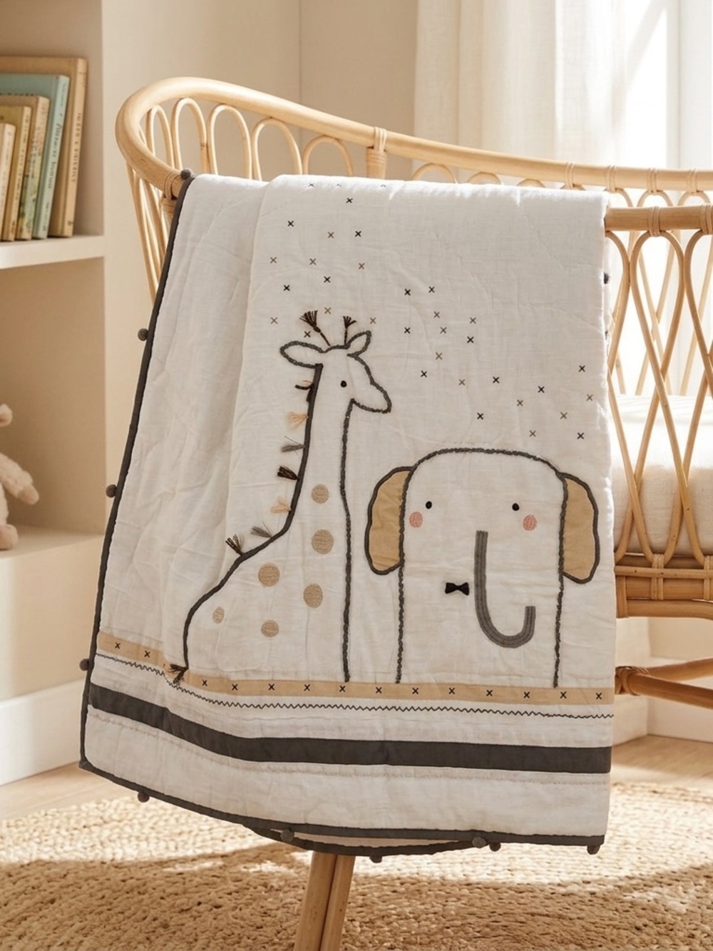 Handmade Woodland Embroidery Baby/Toddler Crib Cotton Quilt Hand stitched